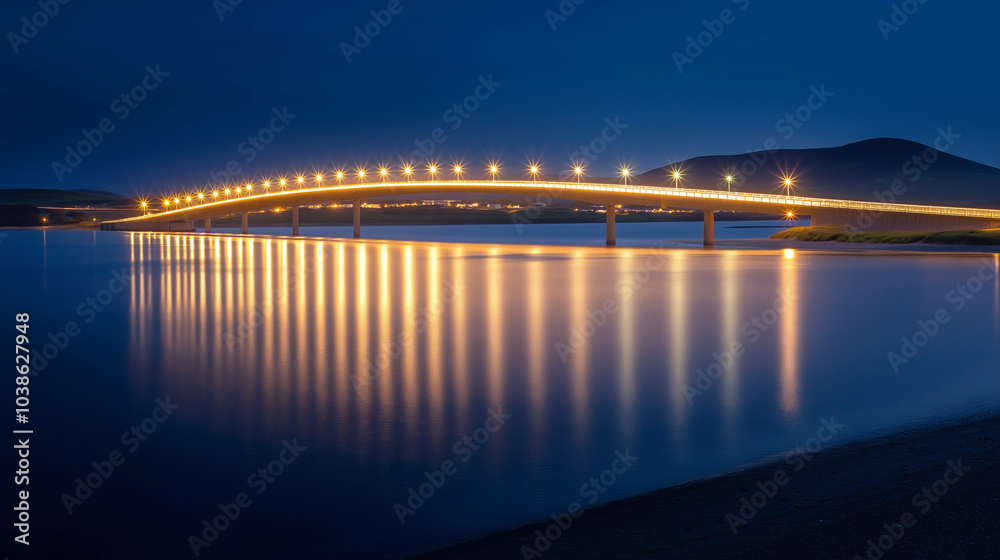 a beautifully lit suspension bridge spanning a calm body of water at night. The bridge's lights reflect off the water, creating a captivating display a beautifully lit suspension bridge spanning a calm body of water at night. The bridge's lights reflect off the water, creating a captivating display