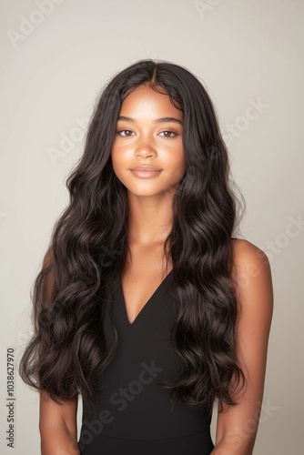 A Beautiful Young Woman with Long Wavy Hair Posing Confidently in a Studio Portrait