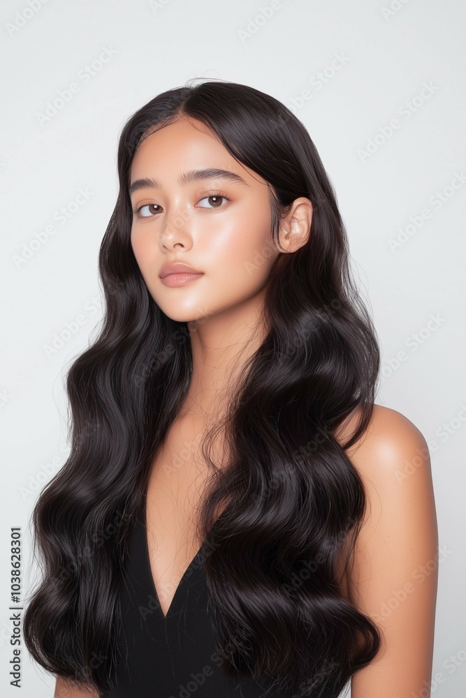 A Beautiful Young Woman with Long Wavy Hair Posing Confidently in a Studio Portrait A Beautiful Young Woman with Long Wavy Hair Posing Confidently in a Studio Portrait