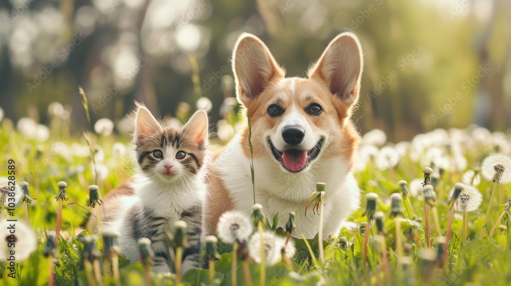 Cute Dog and Cat in a Field of Dandelions Cute Dog and Cat in a Field of Dandelions