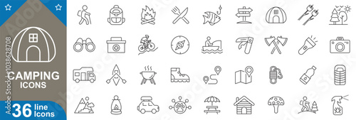 Camping flat icons set. Vector illustration of 40 editable stroke line icons including tent, campfire, backpack, hiking, compass, lantern, nature, adventure gear, and More.