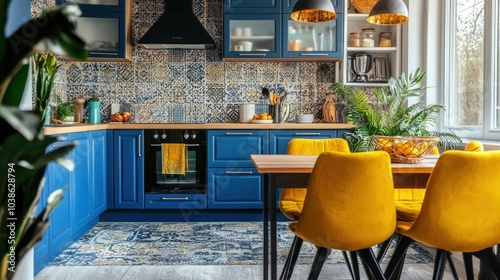 Fototapeta Naklejka Na Ścianę i Meble -  A vibrant kitchen with furniture in contrasting colors, including deep blue cabinets and yellow chairs for a bold design.