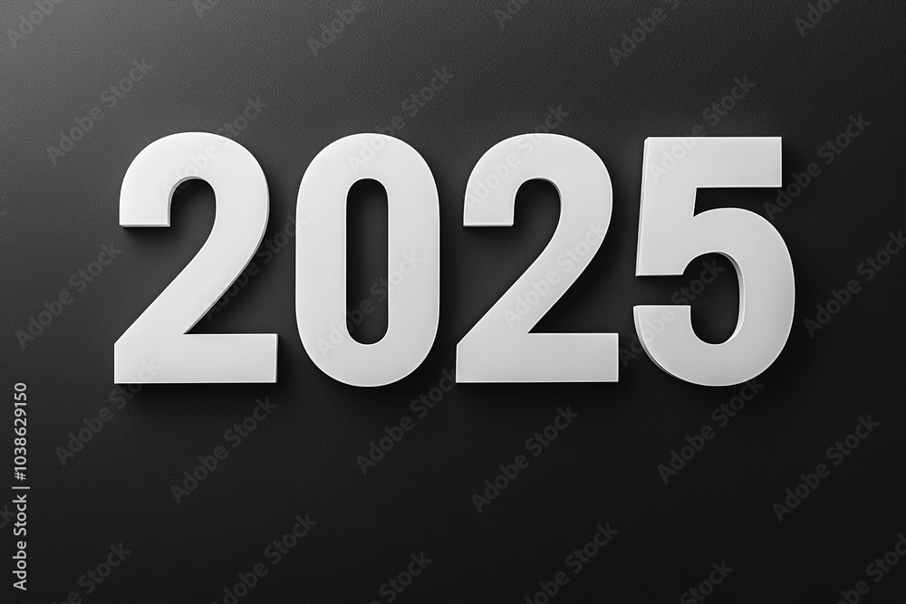 White 2025 numbers on black background, future concept White 2025 numbers on black background, future concept