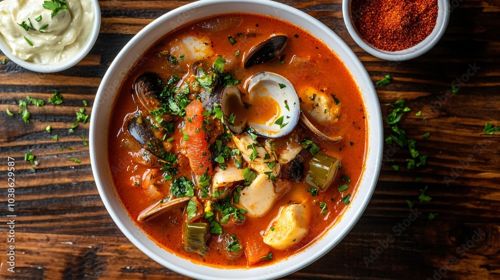 Bouillabaisse in a simple white bowl, resting on a dark walnut wood surface, with small bowls of aioli and paprika on the side