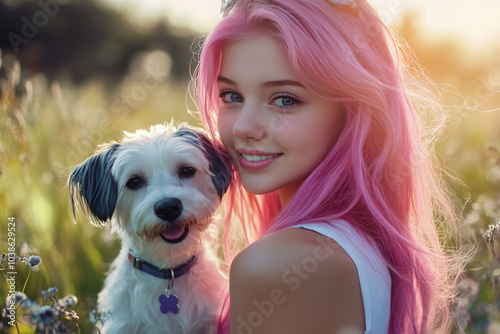 Young Pretty pink-haired girl at outdoors with a dog