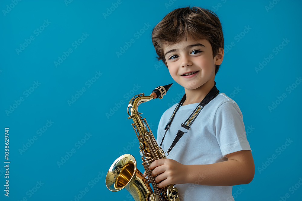 Fototapeta premium Little boy over isolated colorful background playing the saxophone