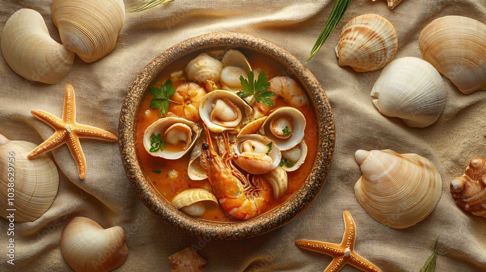 Bouillabaisse in a stoneware bowl, surrounded by seafood shells and starfish, set on a natural sand-colored linen background Bouillabaisse in a stoneware bowl, surrounded by seafood shells and starfish, set on a natural sand-colored linen background