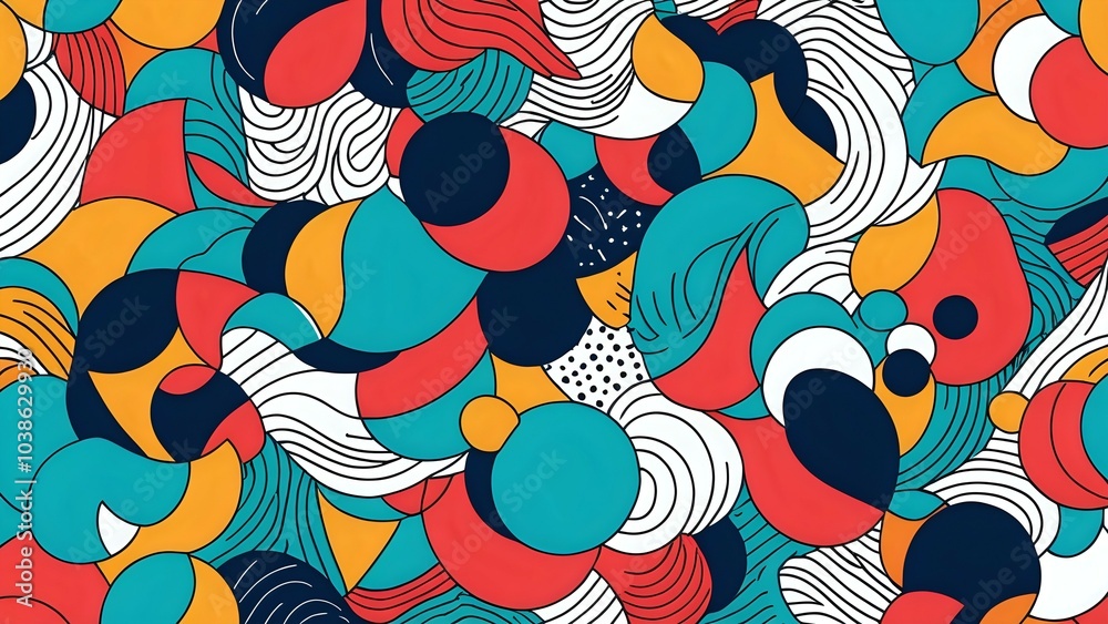 Fototapeta premium Abstract colorful geometric seamless pattern with circles, lines, and stripes.