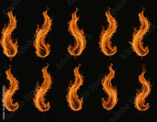 A grid of nine vibrant orange flames, arranged in a 3x3 grid, creates a dynamic and captivating visual effect against a black background