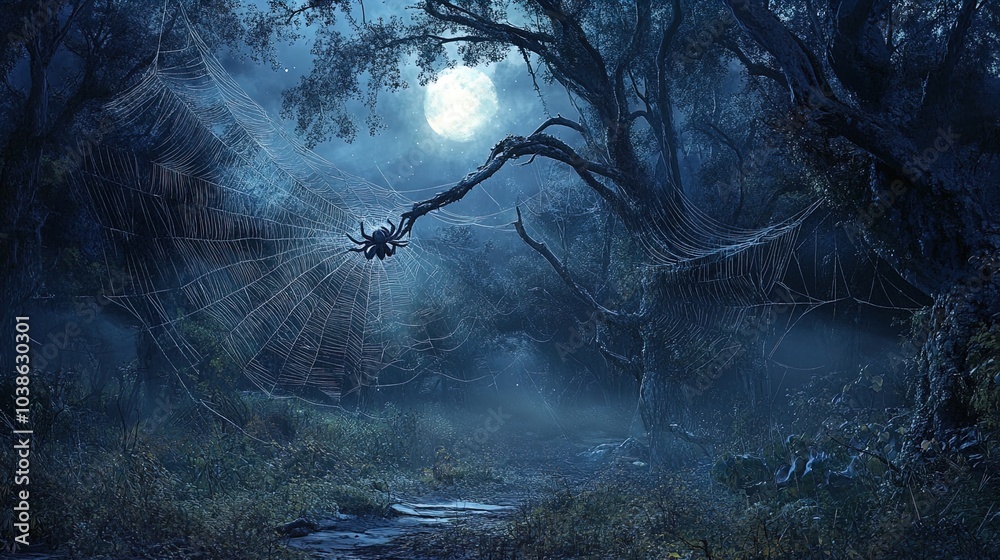 A mystical forest at night is depicted, shrouded in a soft fog that diffuses the pale light of a full moon. Towering trees with twisted branches stretch towards the sky, their silhouettes creating a f A mystical forest at night is depicted, shrouded in a soft fog that diffuses the pale light of a full moon. Towering trees with twisted branches stretch towards the sky, their silhouettes creating a f