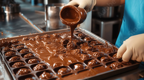 Close Up of Chocolate Maker Pouring Melted Chocolate into Molds