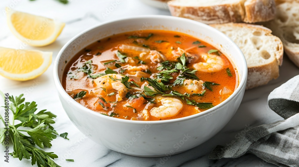 Bouillabaisse soup in a deep white ceramic bowl, isolated on a marble background, garnished with fresh herbs, lemon wedges, and rustic bread slices on the side, with soft shadows Bouillabaisse soup in a deep white ceramic bowl, isolated on a marble background, garnished with fresh herbs, lemon wedges, and rustic bread slices on the side, with soft shadows