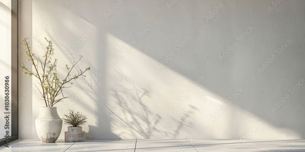 Sunlight casts shadows on a minimalist interior wall with decorative plants in ceramic vases, showcasing modern home design. Sunlight casts shadows on a minimalist interior wall with decorative plants in ceramic vases, showcasing modern home design.
