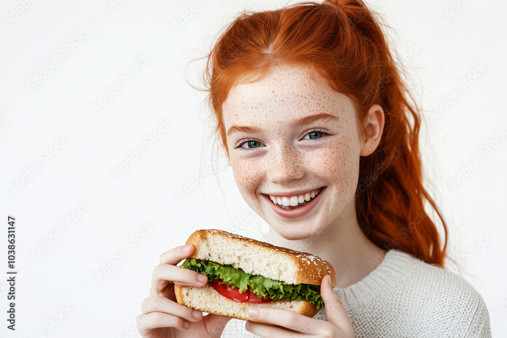 Young pretty redhead girl over isolated white background holding a sandwich Young pretty redhead girl over isolated white background holding a sandwich
