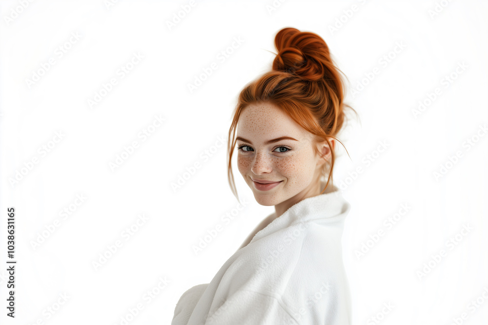 Young pretty redhead girl over isolated white background in a bathrobe Young pretty redhead girl over isolated white background in a bathrobe