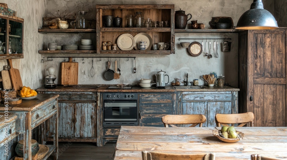 A rustic kitchen with old, weathered wooden furniture and cabinets, creating a vintage and homely atmosphere. A rustic kitchen with old, weathered wooden furniture and cabinets, creating a vintage and homely atmosphere.