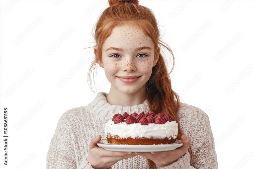 Young pretty redhead girl over isolated white background holding cake Young pretty redhead girl over isolated white background holding cake