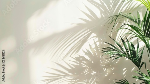 Bright sunlight creates intricate shadows of palm leaves on a clean white wall, evoking a tropical and serene atmosphere.