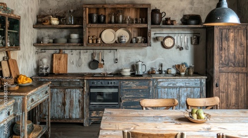 A rustic kitchen with old, weathered wooden furniture and cabinets, creating a vintage and homely atmosphere.