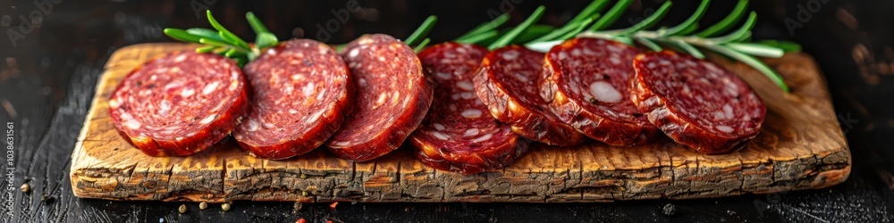 Slices of salami garnished with herbs on a wooden board
Slices of salami garnished with herbs on a wooden board