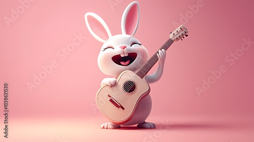 A cute, cartoon white rabbit plays an acoustic guitar against a light pink background.