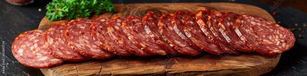 Long slices of salami arranged on a wooden board with herbs
Long slices of salami arranged on a wooden board with herbs