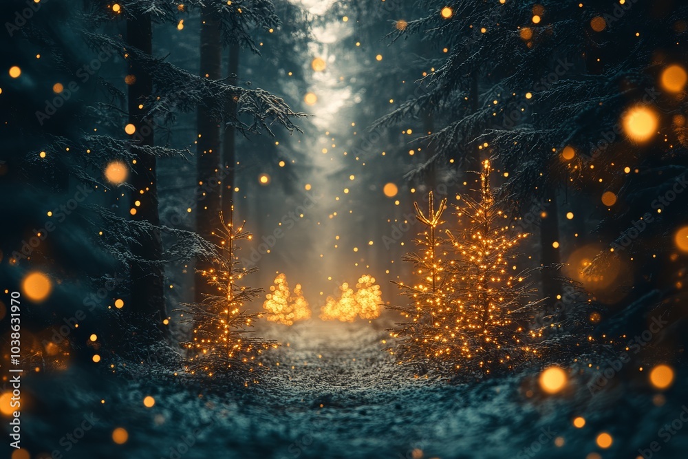 Naklejka premium Christmas background. Xmas tree with snow decorated with garland lights, holiday festive background. 