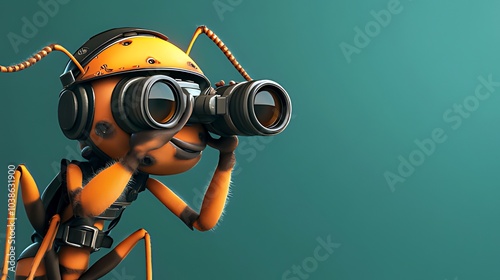 A cartoon ant wearing a helmet and binoculars looking through them, with a teal green background.
