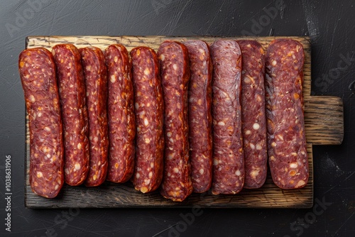 Sliced salami on a wooden board with rustic ingredients in the background 