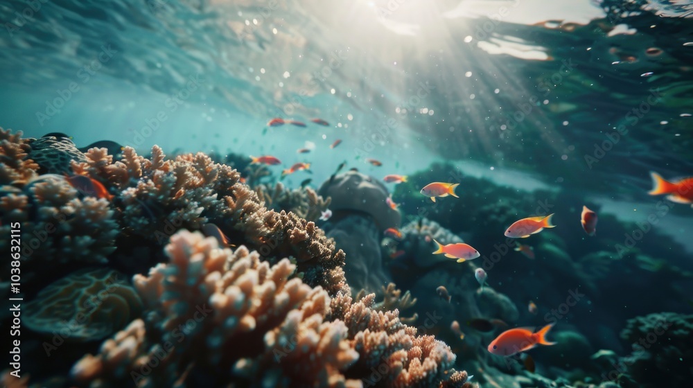 Fototapeta premium Sunlit Coral Reef with Vibrant Fish