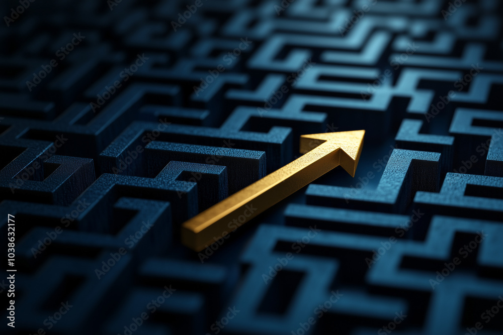 Golden Arrow Pointing Towards Solution in Intricate Blue Maze - 3D Render Golden Arrow Pointing Towards Solution in Intricate Blue Maze - 3D Render