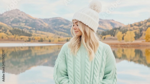 woman standing by a calm lake, wearing a cozy mint-green cable knit sweater with a fluffy white hat and pom-pom accents. The backdrop features serene, misty mountains and a reflective lake