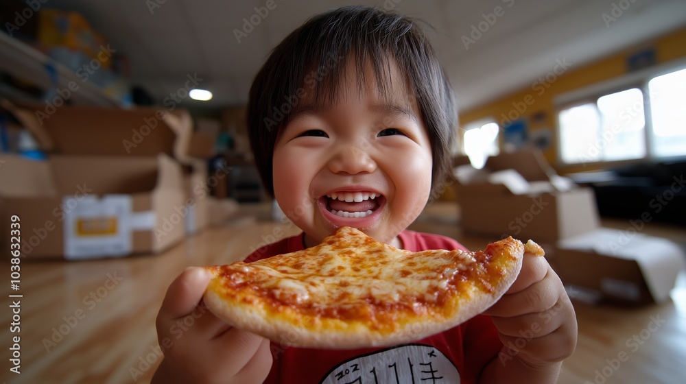 Joyful child holding a slice of pizza indoors, surrounded by cardboard boxes. Bright, cheerful atmosphere with a smiling face. Joyful child holding a slice of pizza indoors, surrounded by cardboard boxes. Bright, cheerful atmosphere with a smiling face.