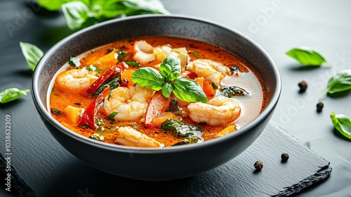 Fototapeta Naklejka Na Ścianę i Meble -  Gourmet Bouillabaisse served in a modern bowl, isolated on a minimalist black-and-white backdrop, with artistic garnishes of saffron and fresh basil