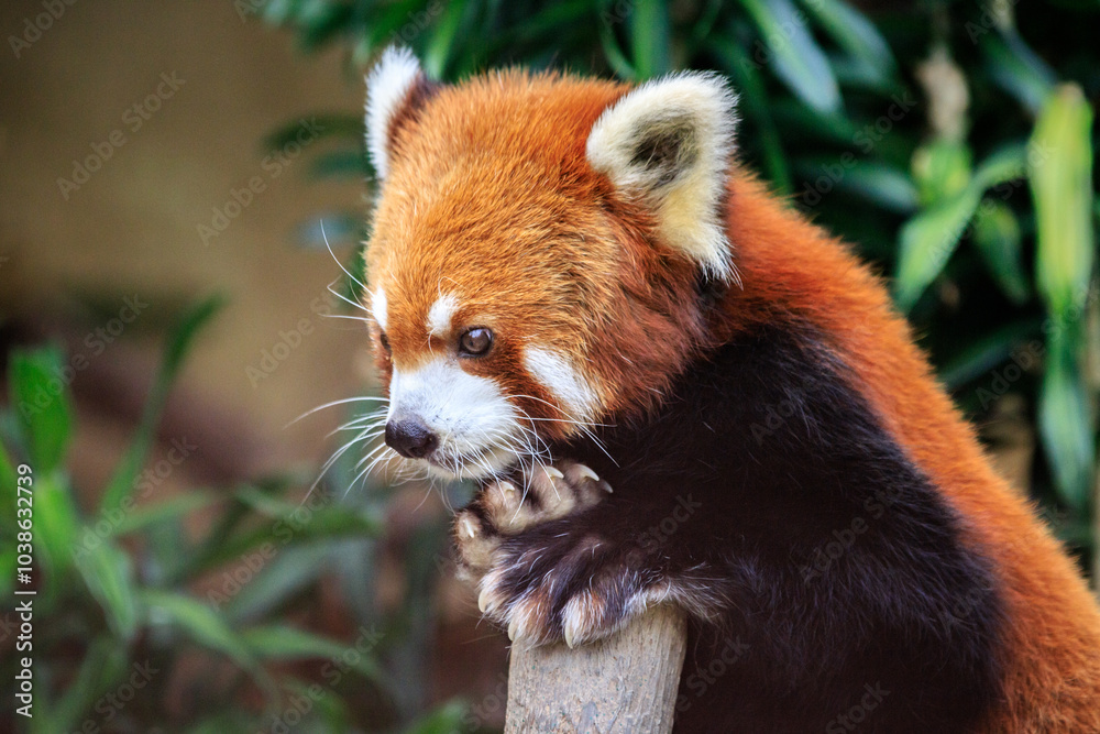 Adorable Red Panda Resting on a Wooden Post