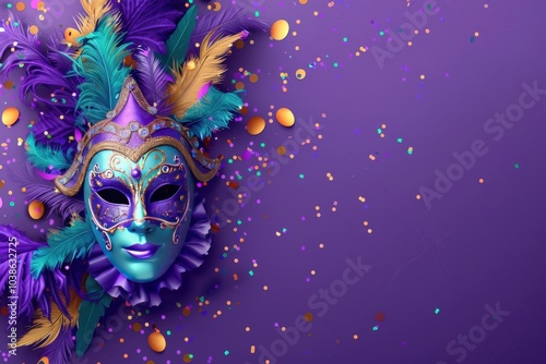 Ornate Carnival Mask with Feathers and Confetti