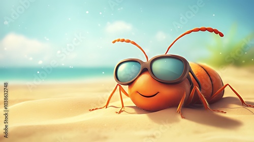 A cartoon ant with sunglasses is lying on the beach, smiling.
