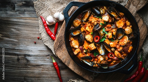 Top-down view of Bouillabaisse in a traditional cast iron pot, placed on a rustic wooden board, surrounded by garlic bulbs and red chili peppers, against a textured linen fabric background photo