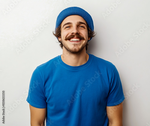 Portrait of a happy young man in a blue t-shirt and beanie, laughing against a white background.