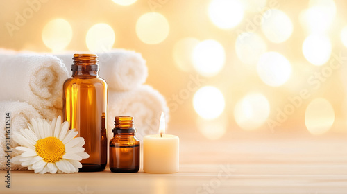 Aromatherapy oils in amber bottles are arranged with candles and soft towels, creating a soothing wellness atmosphere photo