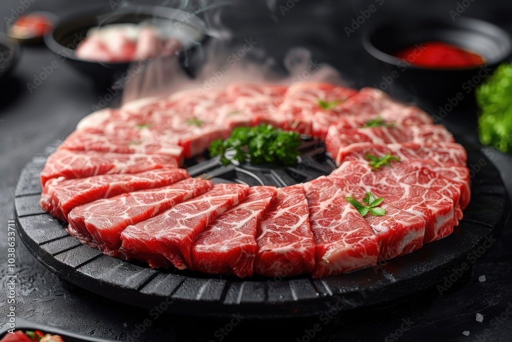 Marbled beef slices cooking on a grill with steam rising and garnishes in the center
Marbled beef slices cooking on a grill with steam rising and garnishes in the center