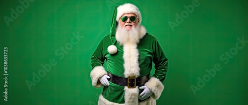 portrait of santa claus in glasses with green solid background