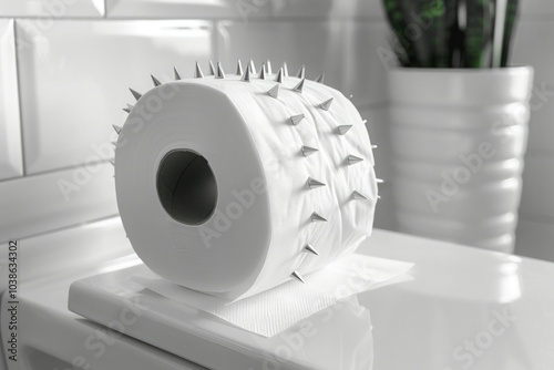 illustration of hemorrhoid discomfort - roll of toilet paper covered in spikes symbolizes the sharp, painful sensations during use. Perfect for medical articles health