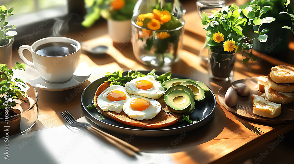 A breakfast table with arepas served with scrambled eggs, avocado slices, and a hot cup of coffee A breakfast table with arepas served with scrambled eggs, avocado slices, and a hot cup of coffee