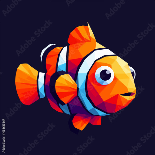 A fish with orange and white stripes is shown in a black