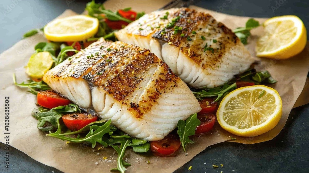 Freshly Grilled Fish with Lemon and Greens Garnish Freshly Grilled Fish with Lemon and Greens Garnish