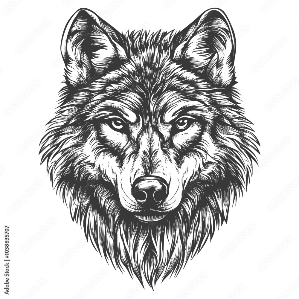 Hand Drawn Black and White Illustration of a Wolfs Head Hand Drawn Black and White Illustration of a Wolfs Head