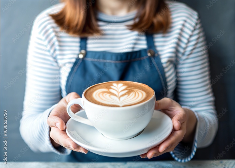 Coffee cup, hands and woman with latte art, caffeine and restaurant for cappuccino. Customer, hospitality and milk with foam for female person, morning and barista for breakfast in store or cafe Coffee cup, hands and woman with latte art, caffeine and restaurant for cappuccino. Customer, hospitality and milk with foam for female person, morning and barista for breakfast in store or cafe