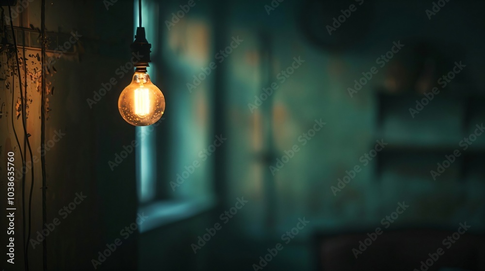 Dark empty room with single flickering light bulb casting long shadows, emphasizing absence of power and eerie atmosphere, minimalist setting with focus on light bulb's glow, representing hope in dark Dark empty room with single flickering light bulb casting long shadows, emphasizing absence of power and eerie atmosphere, minimalist setting with focus on light bulb's glow, representing hope in dark