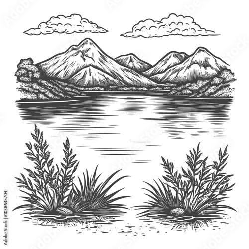 Hand Drawn Black and White Illustration of Mountains Lake and Grass
